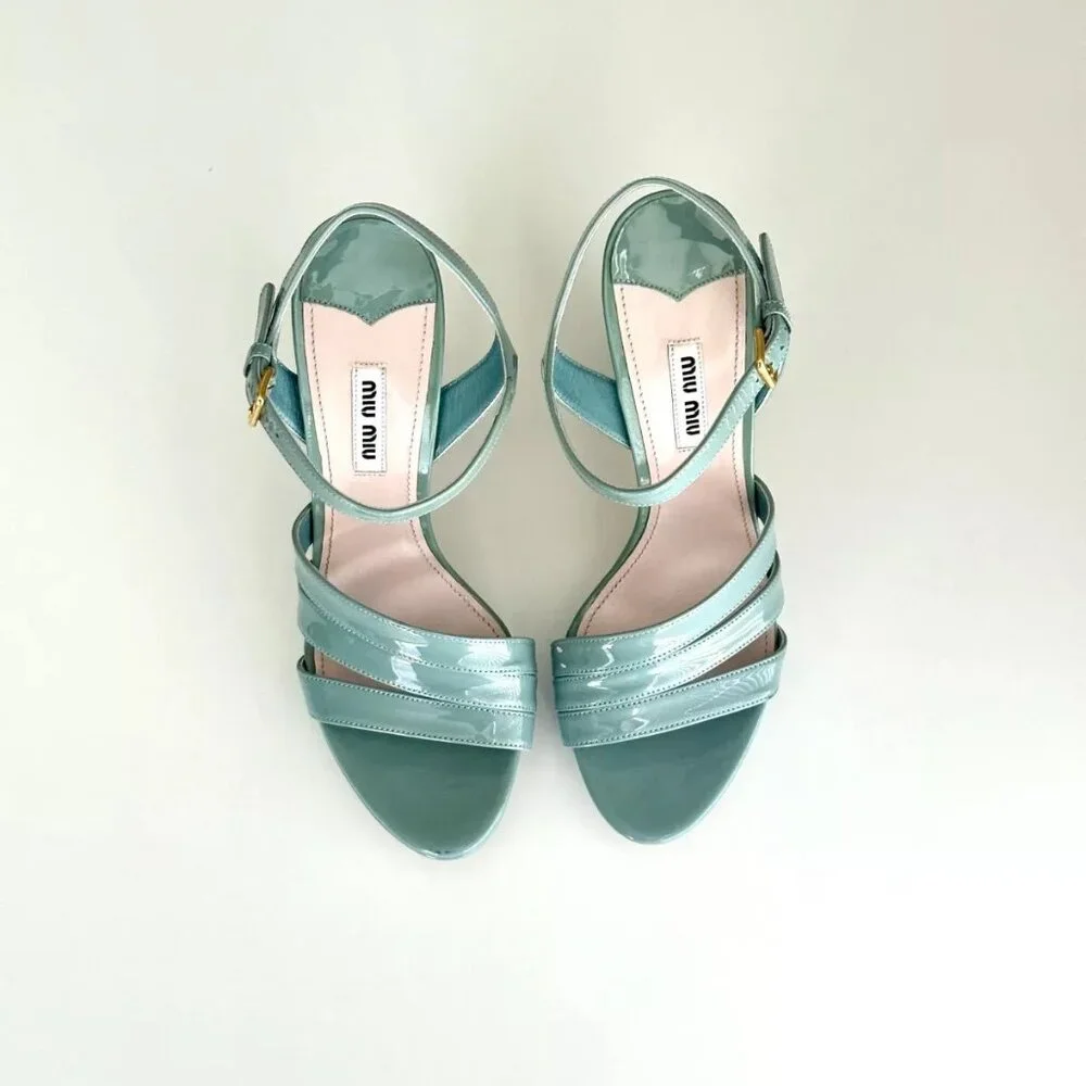 NEW MIU MIU Seafoam Blue Patent Leather Ankle Strap Platform Sandals Size 8.5